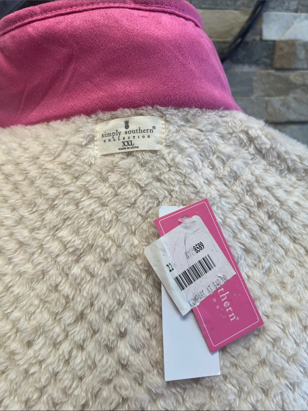 Simply Southern Cream Plush Pullover with Pink Collar - Picture 8 of 8